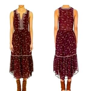 Ulla Johnson Silk Leena Floral Embroidered Midi Dress Size 2 Burgundy